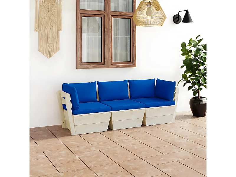 Canapé palette à 3 places de jardin avec coussins Bois d'épicéa