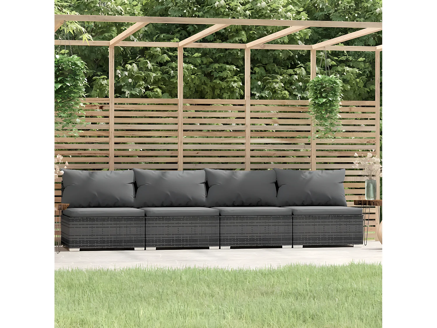 Sofá de 4 lugares com almofadões vime PE cinzento