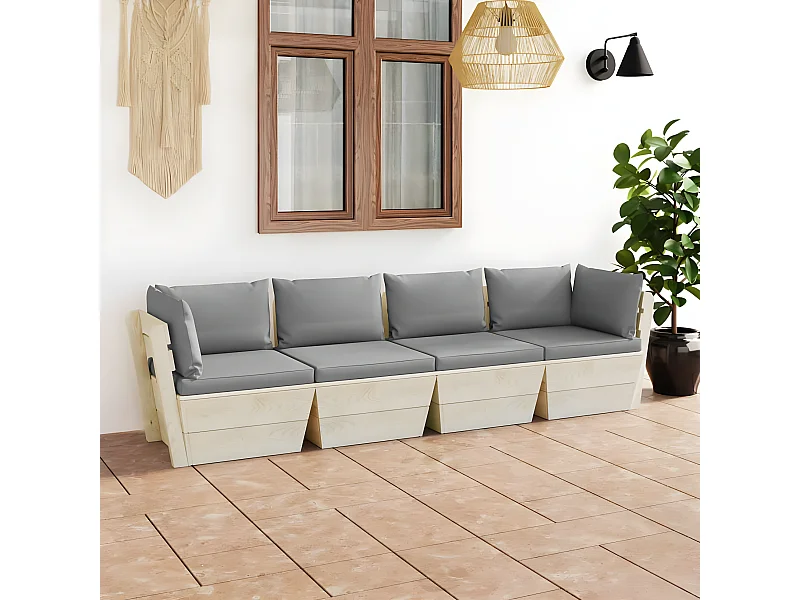 Sofá paletes 4 lugares p/ jardim c/ almofadões madeira de abeto