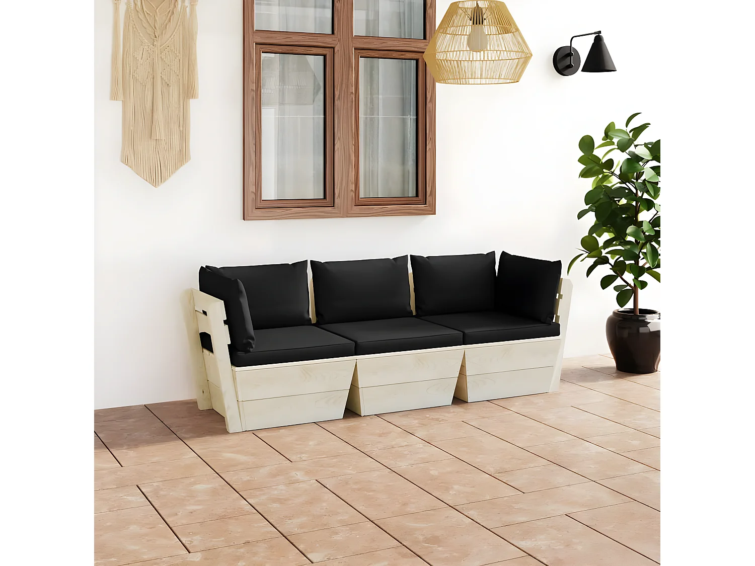 Canapé palette à 3 places de jardin avec coussins Bois d'épicéa