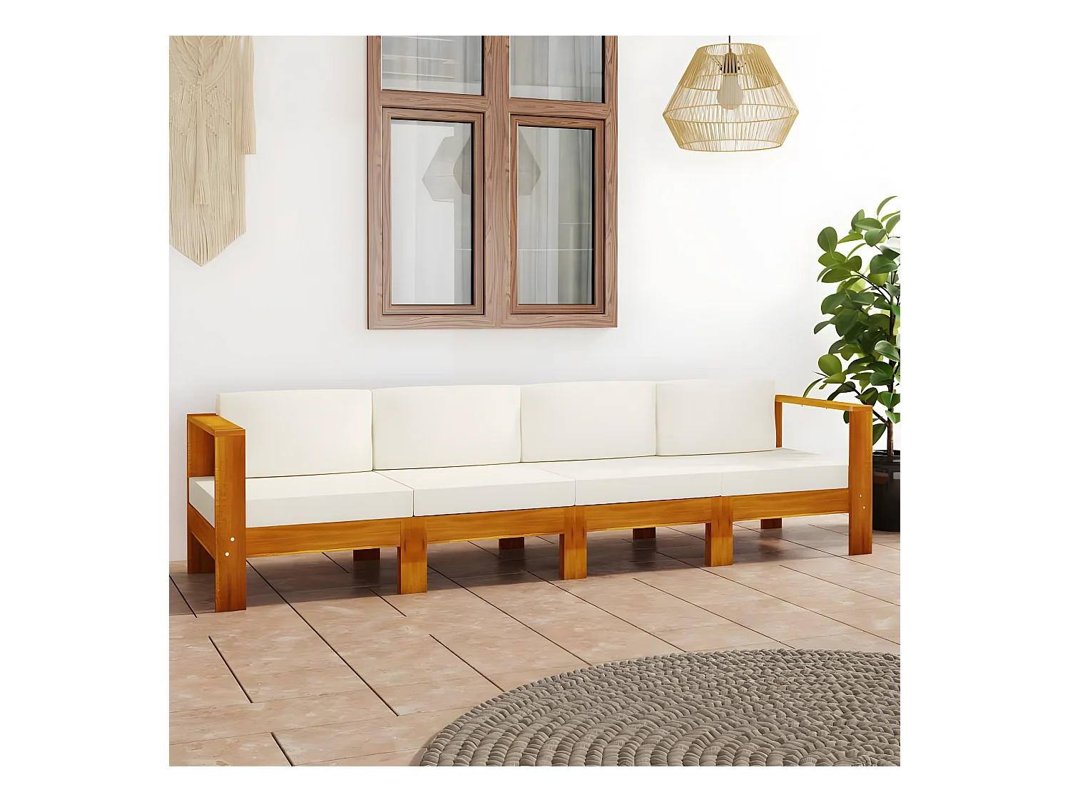 Canapé de jardin 4 places et coussins blanc crème Bois d'acacia
