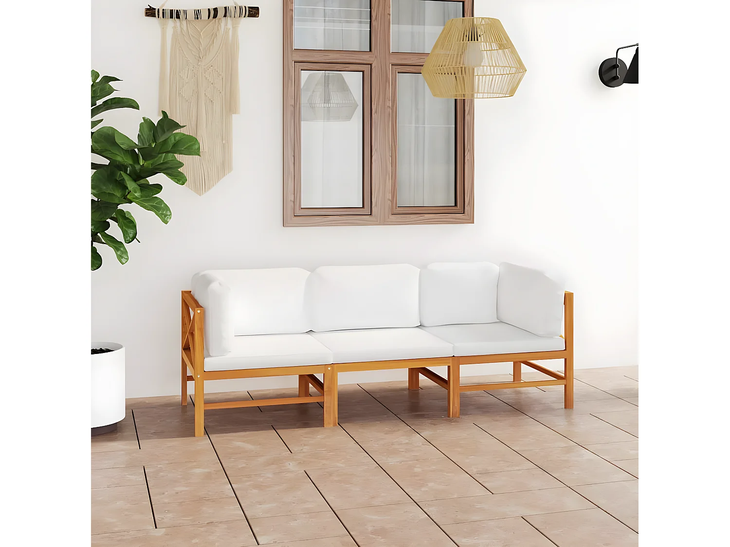 Sofá de jardim 3 lugares c/ almofadões cor creme teca maciça