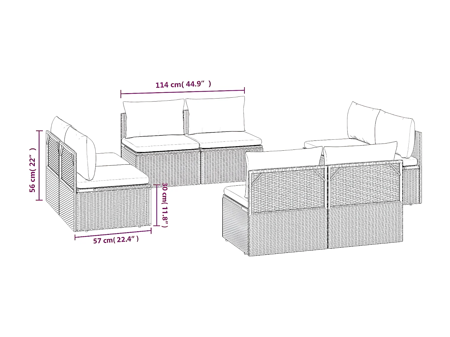 Sofás centrales de jardín 8 unidades ratán PE gris 57x57x56 cm