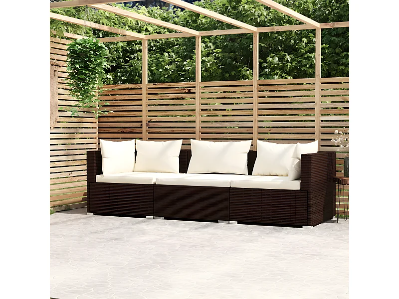 Driezitsbank met kussens poly rattan bruin