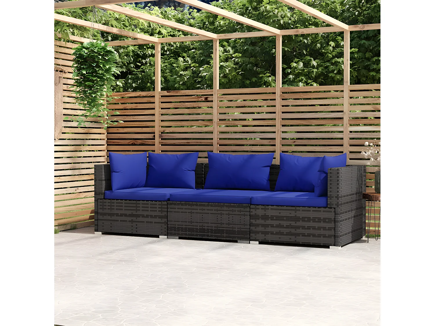 Tuinbank 3-zits met kussens poly rattan grijs