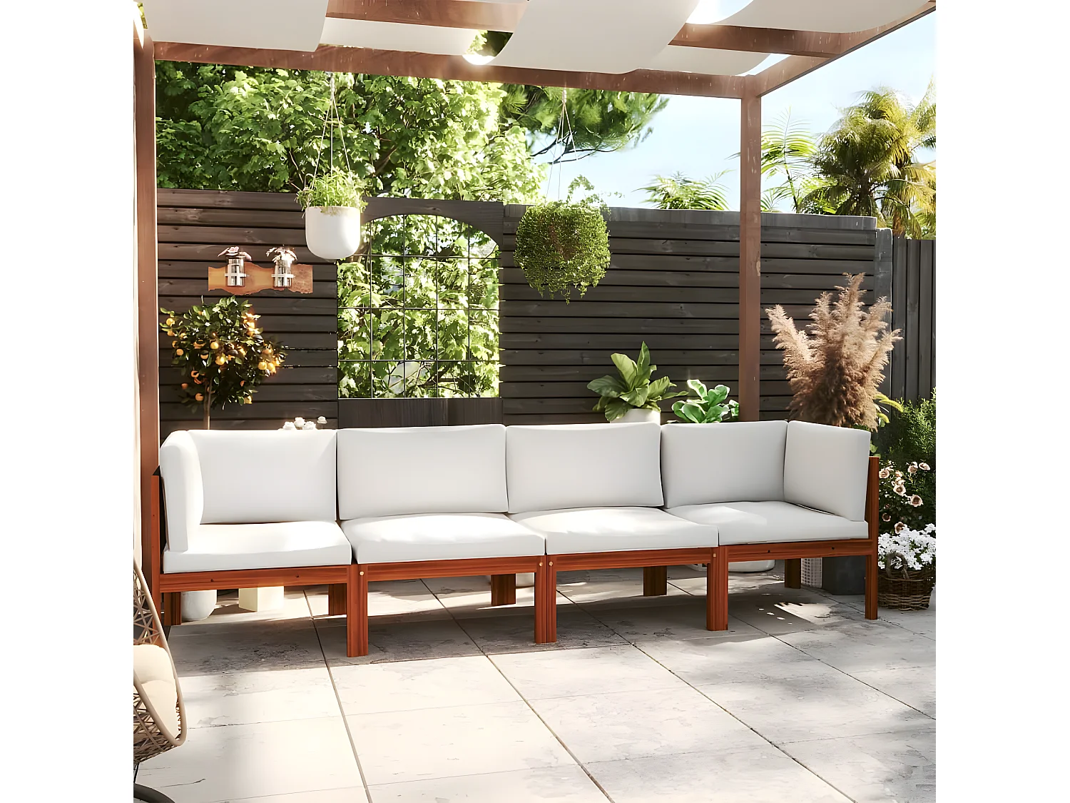 Banco de jardim 4 lugares c/ almofadão madeira de acácia maciça