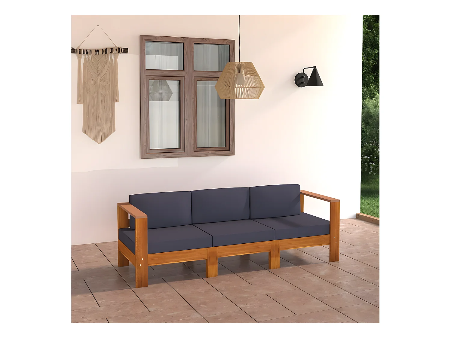 Canapé de jardin 3 places et coussins gris foncé Acacia massif