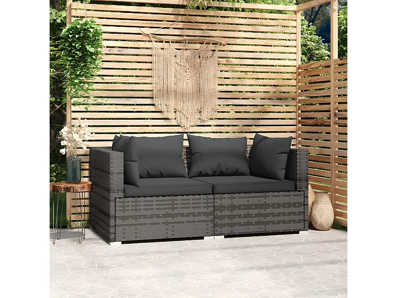 Tweezitsbank met kussens poly rattan grijs