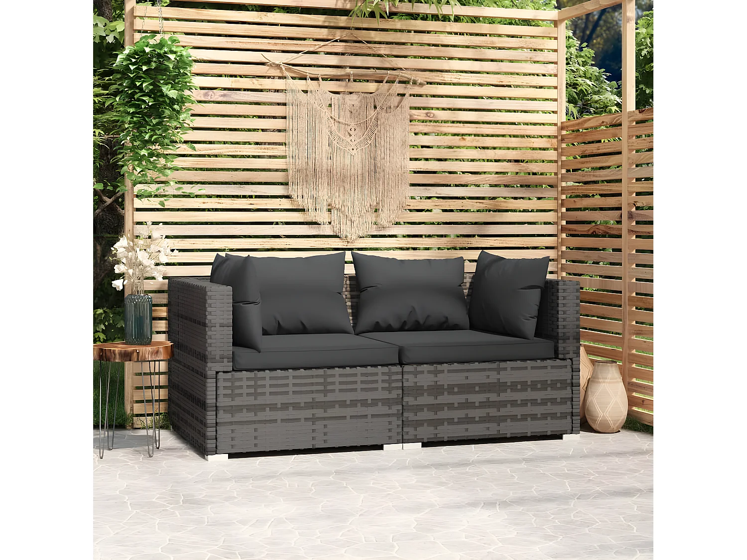 Tweezitsbank met kussens poly rattan grijs