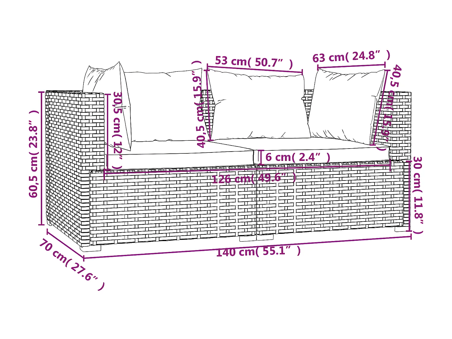 Tweezitsbank met kussens poly rattan grijs