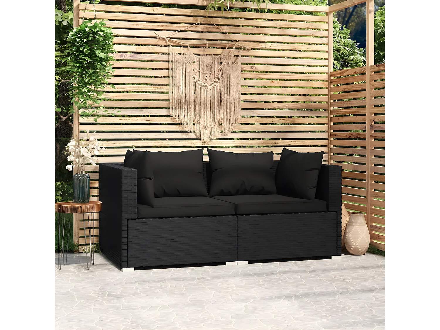 Canapé 2 places avec coussins Noir Résine tressée