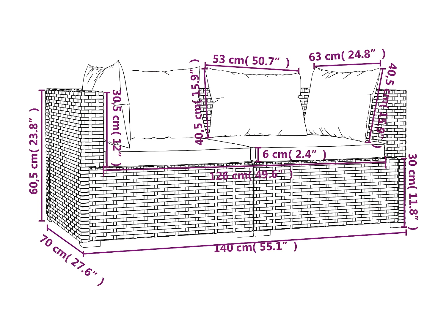 Canapé 2 places avec coussins Noir Résine tressée