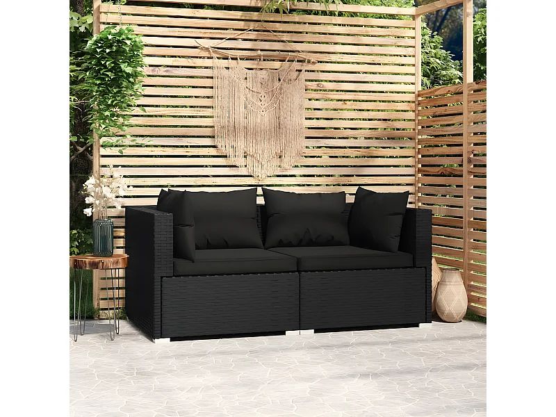 Canapé 2 places avec coussins Noir Résine tressée