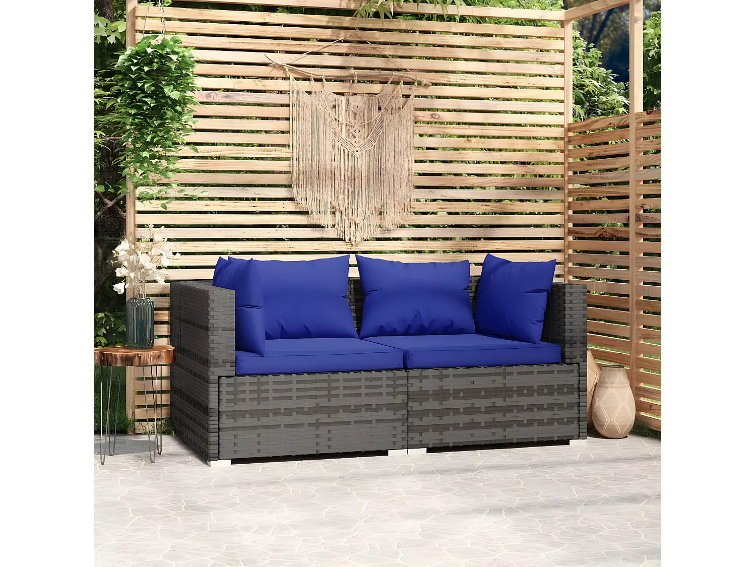 Canapé 2 places avec coussins Gris Résine tressée