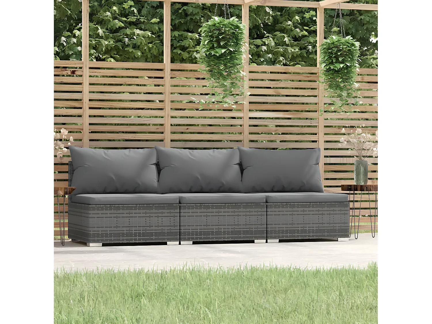 Canapé 3 places avec coussins Gris Résine tressée