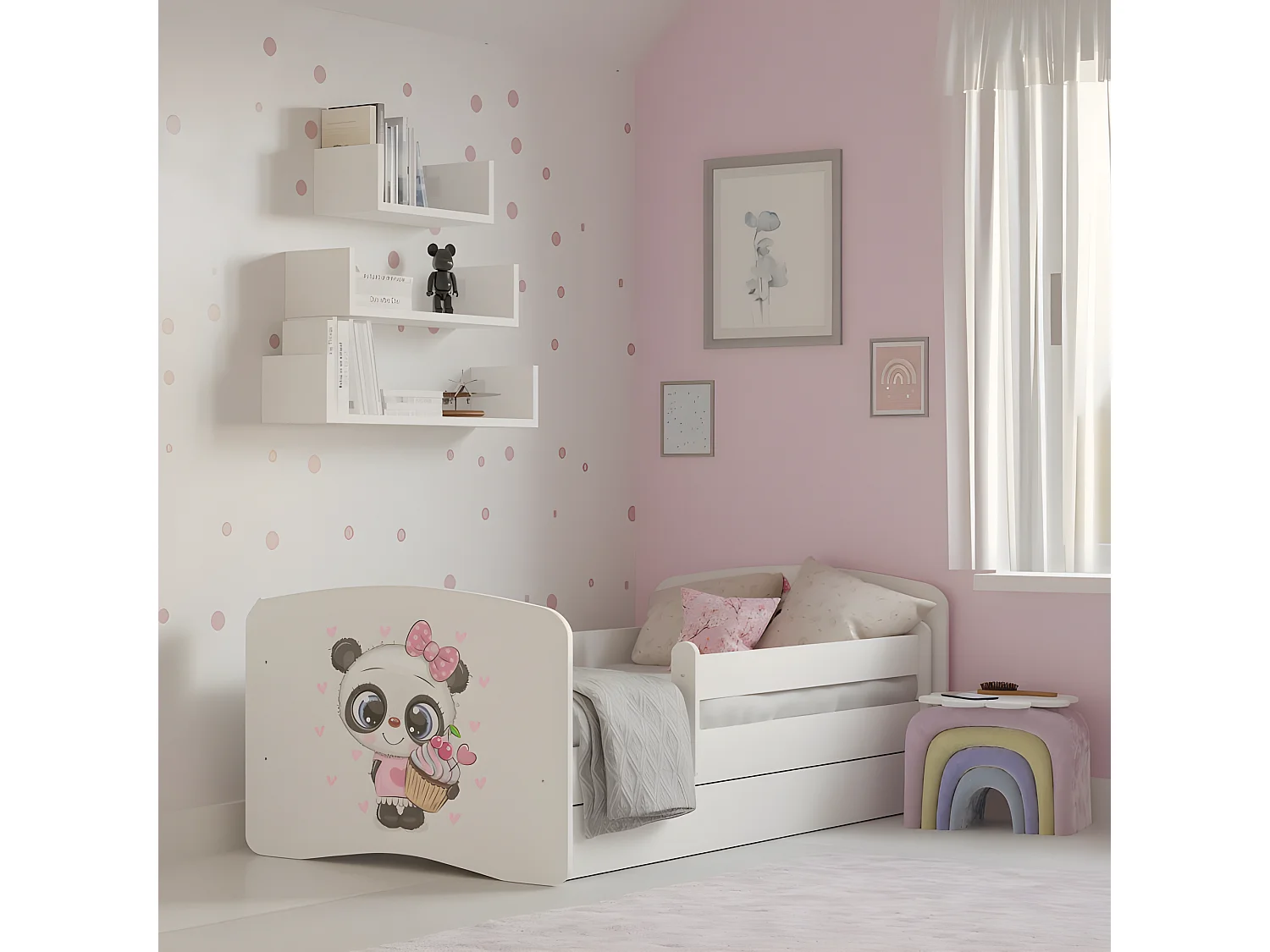 HAPPY - Cama infantil panda 140 x 80 cm somier + colchón + cajones