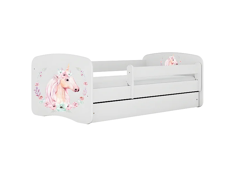 HAPPY - Cama infantil blanca, diseño caballo, base 140 x 80 cm + colchón + cajones