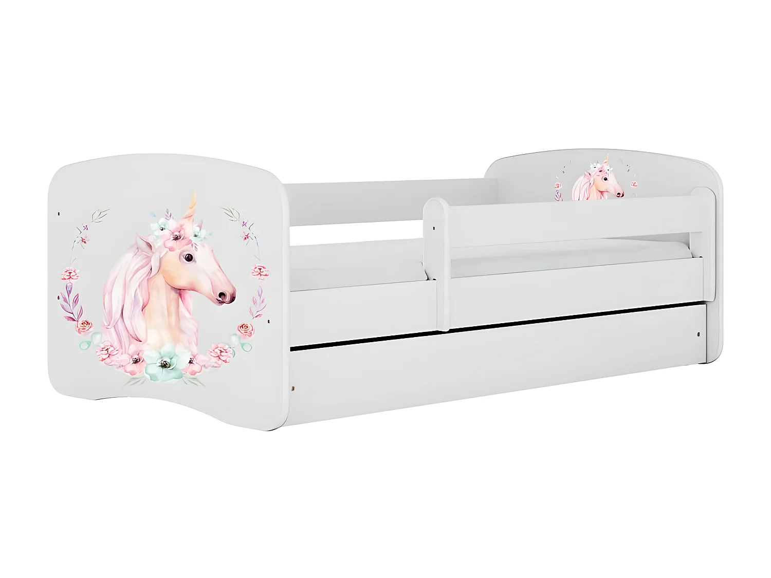 HAPPY - Cama infantil blanca, diseño caballo, base 140 x 80 cm + colchón + cajones