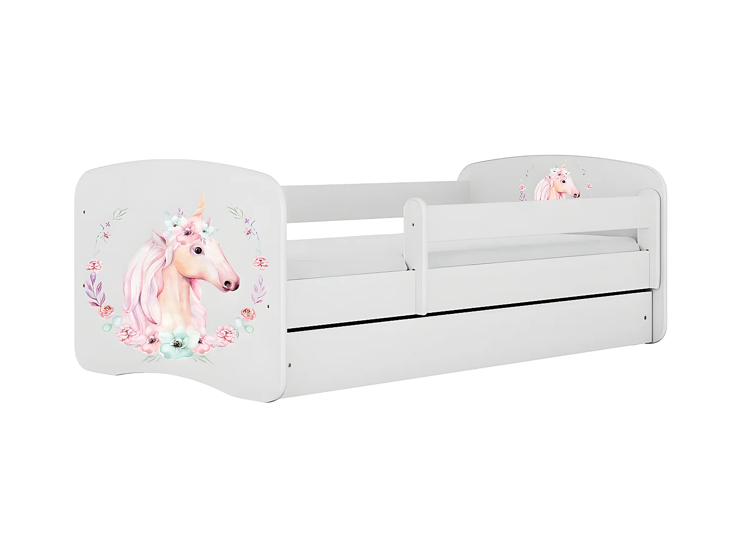 HAPPY - Cama infantil blanca, diseño caballo, base 140 x 80 cm + colchón + cajones