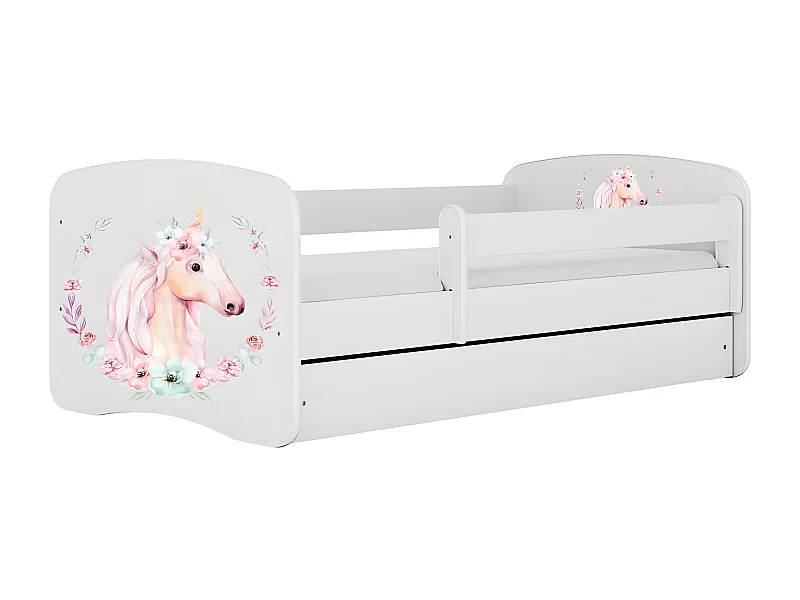 HAPPY - Cama infantil blanca, diseño caballo, base 140 x 80 cm + colchón + cajones
