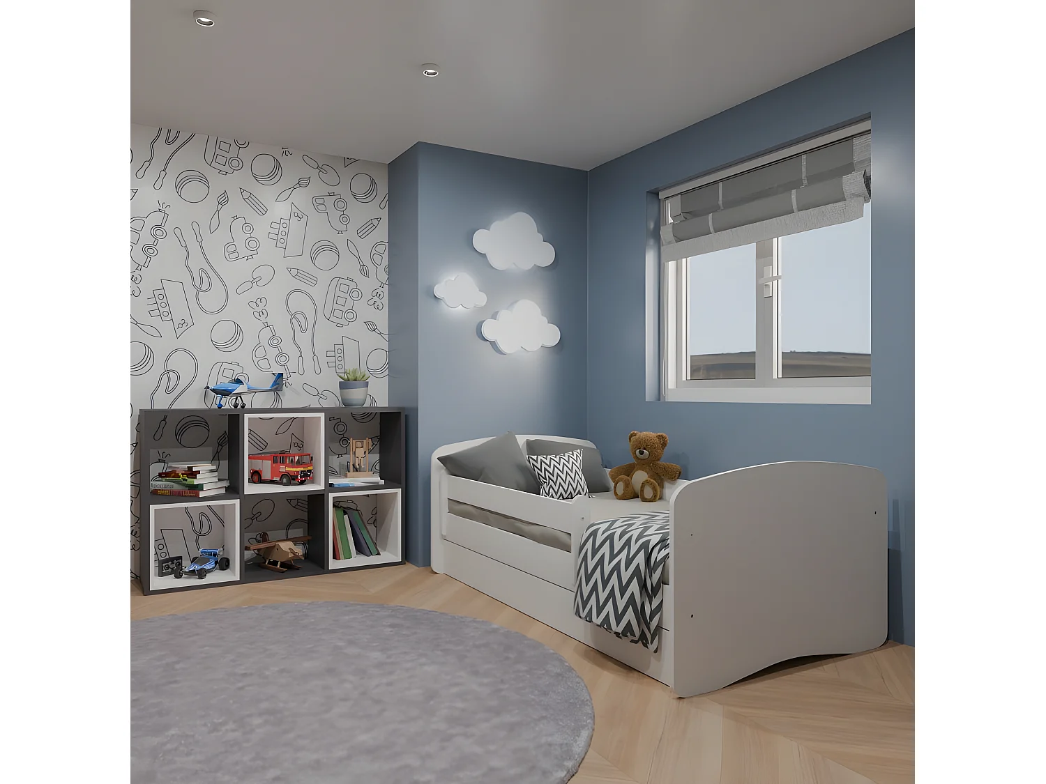 HAPPY - Cama infantil blanca completa 140 x 80 cm somier + colchón + cajones