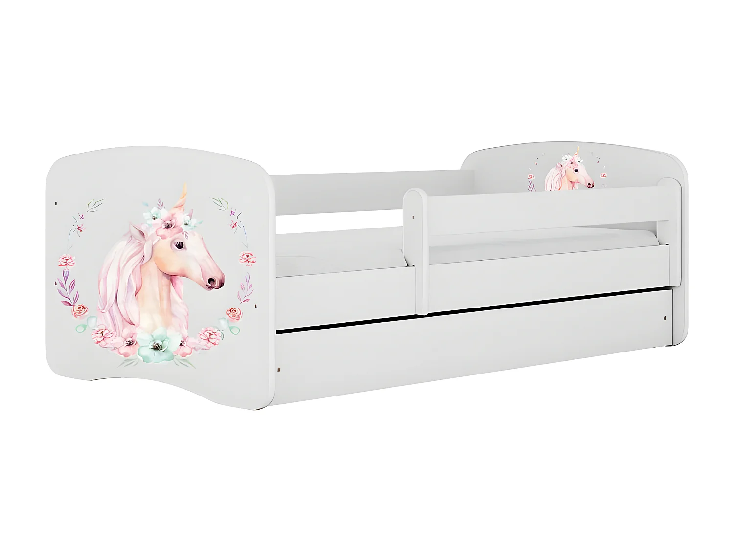 HAPPY - Lit enfant blanc décor cheval 160 x 80 cm sommier + matelas + tiroirs