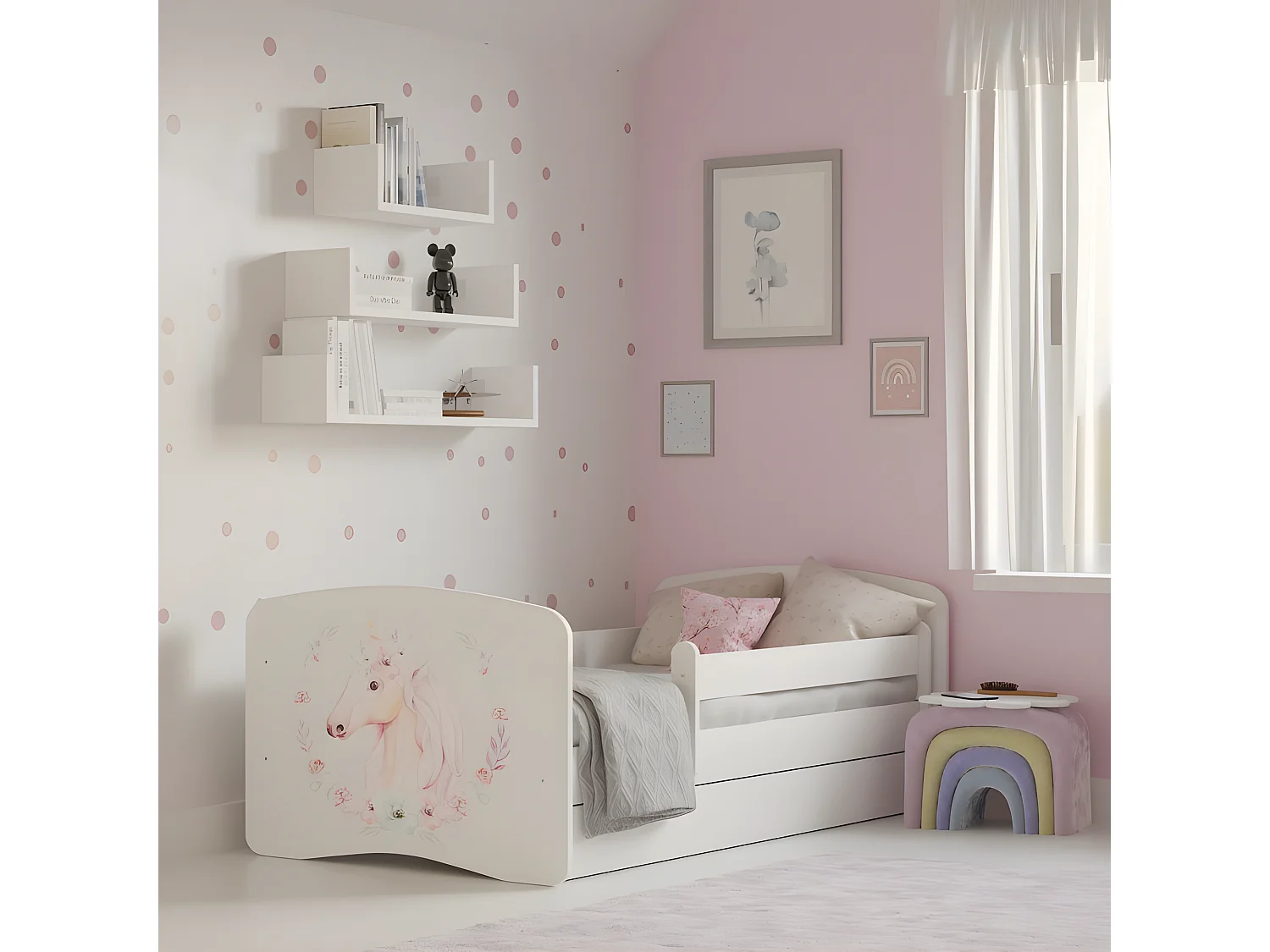 HAPPY - Lit enfant blanc décor cheval 160 x 80 cm sommier + matelas + tiroirs