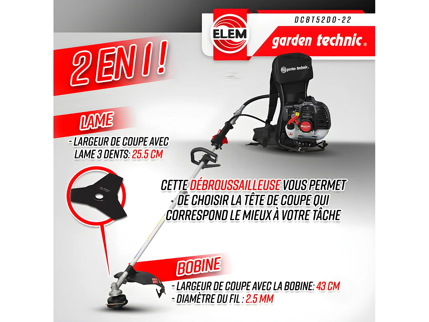 Débroussailleuse thermique dorsale 52CC - Lame + fils - Elem garden