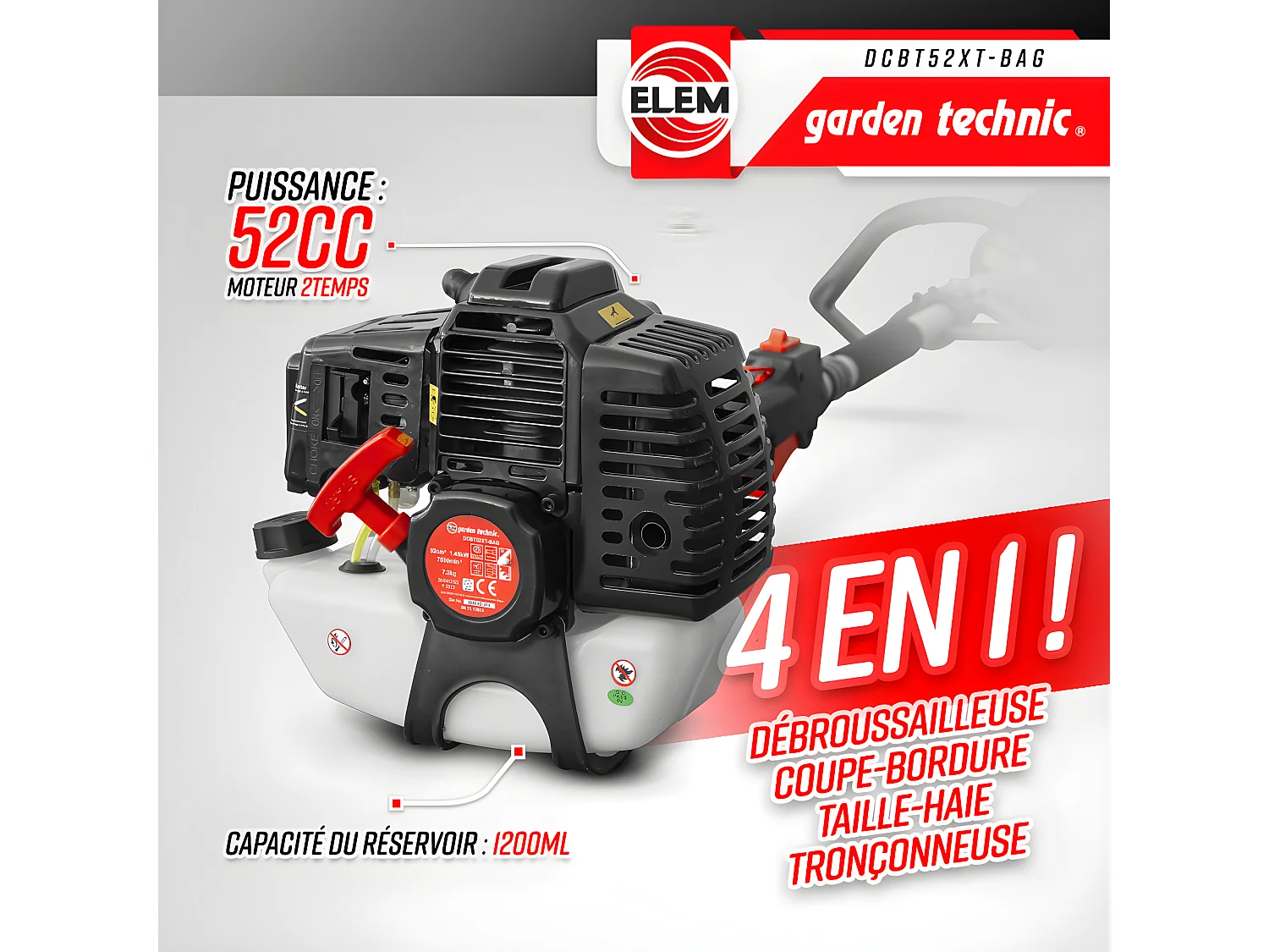 Outil multifonctions 4 en 1(débroussailleuse - taille haies - élagueuse) - 52cc - Sac de transport - Elem Garden