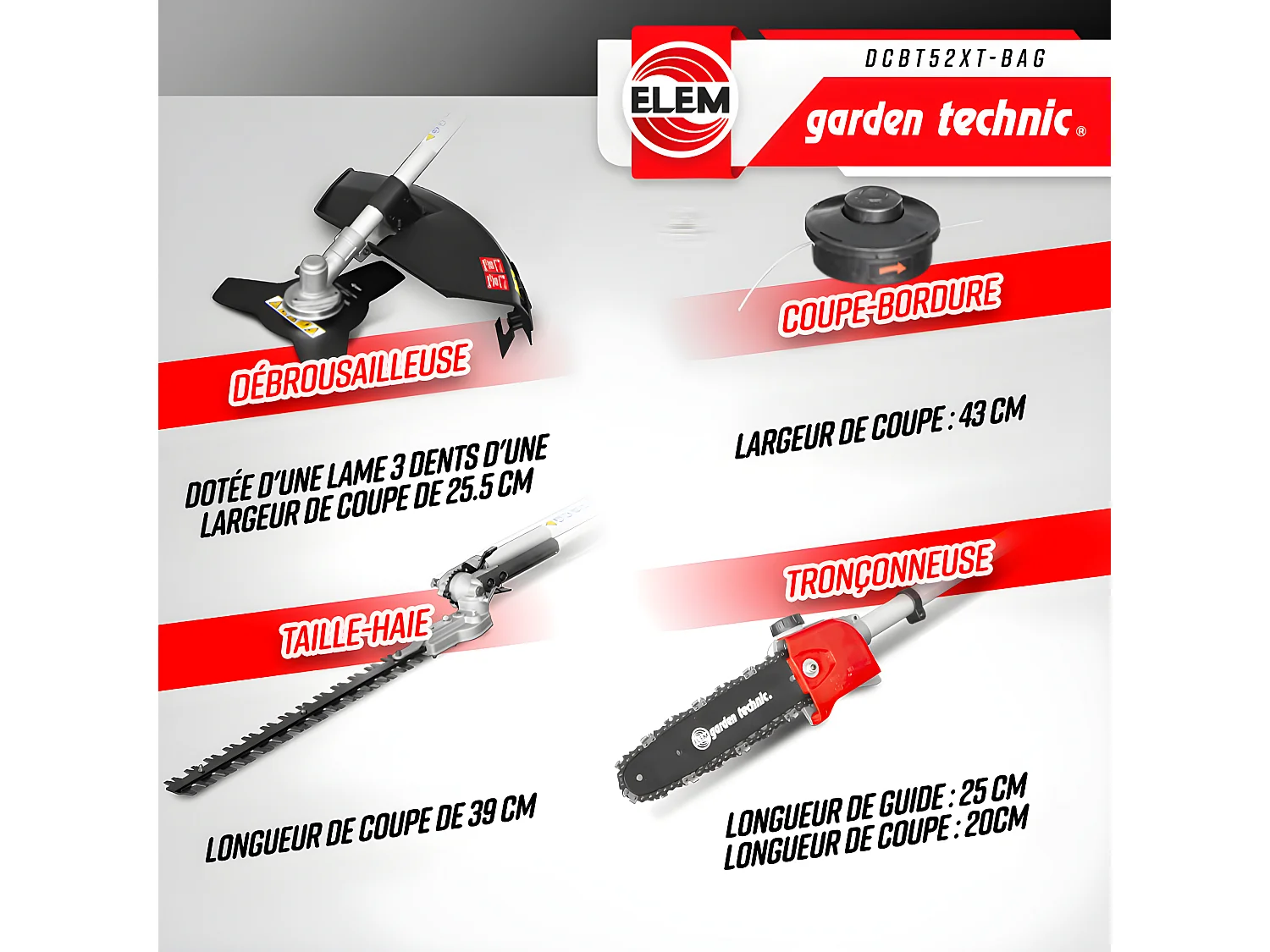 Outil multifonctions 4 en 1(débroussailleuse - taille haies - élagueuse) - 52cc - Sac de transport - Elem Garden
