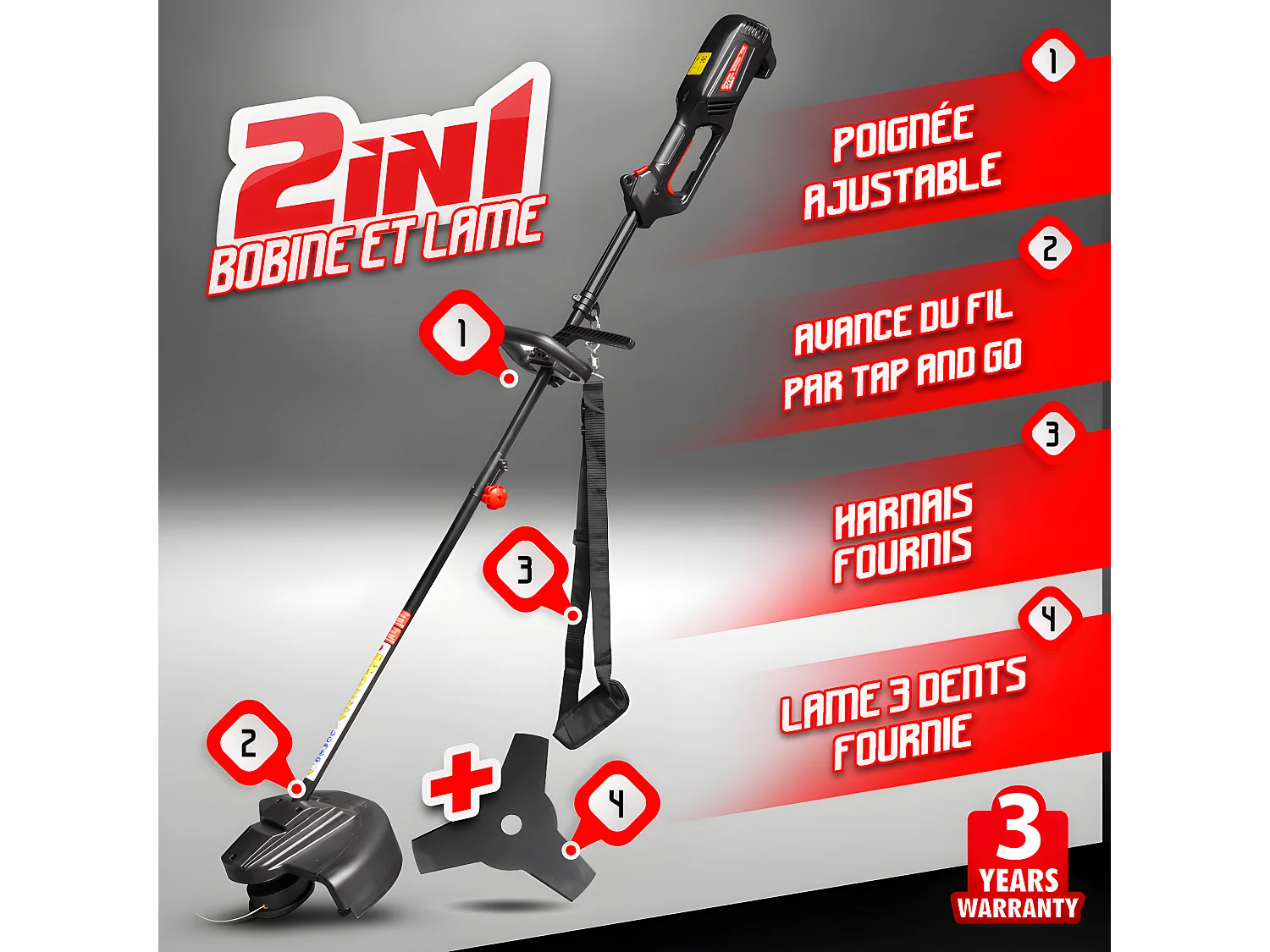 Débroussailleuse électrique 1200W avec bobine et lame 3 dents - Elem Garden