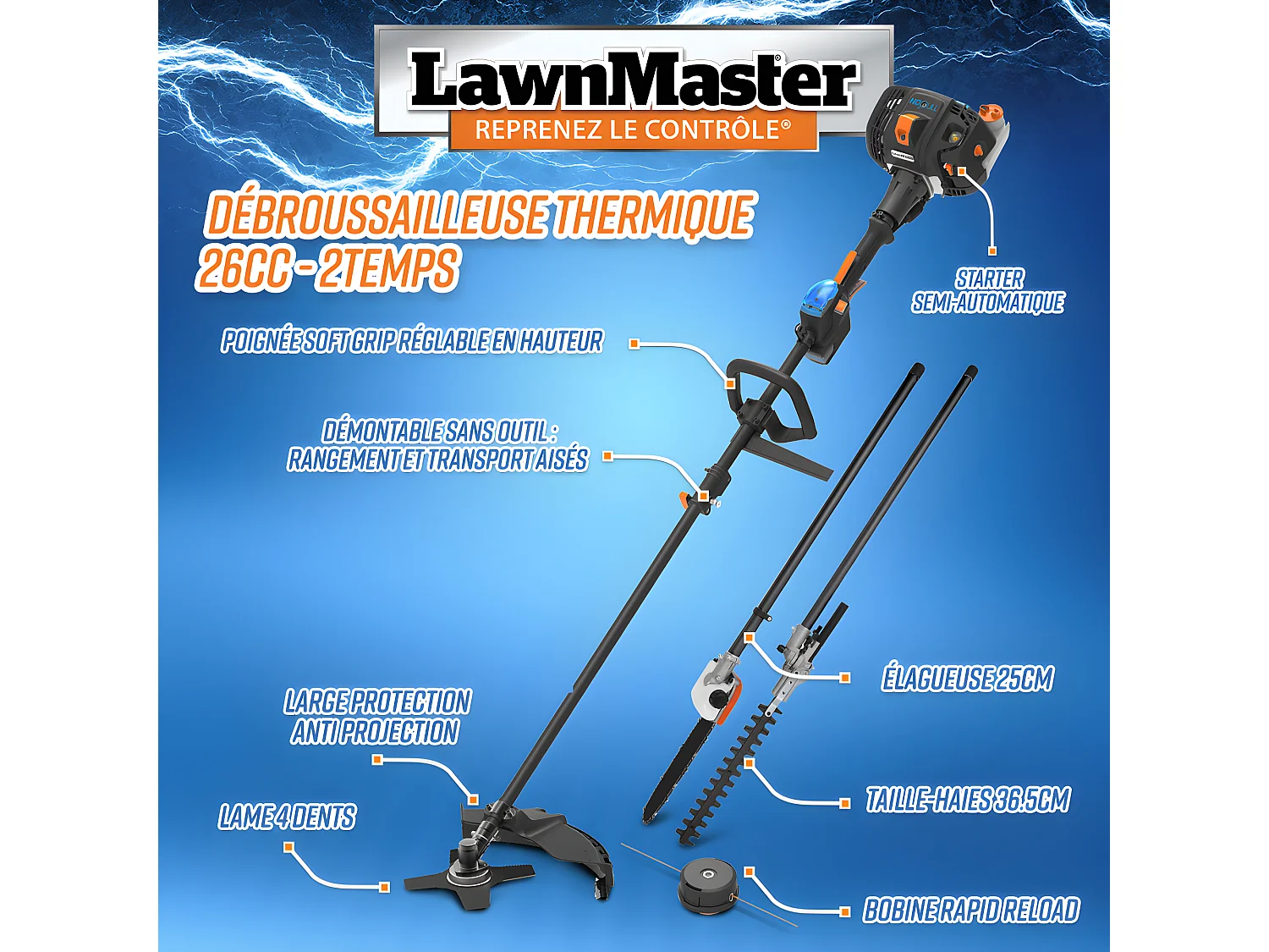 Débroussailleuse thermique 26cc 4 en 1 avec démarrage électrique - Lawnmaster