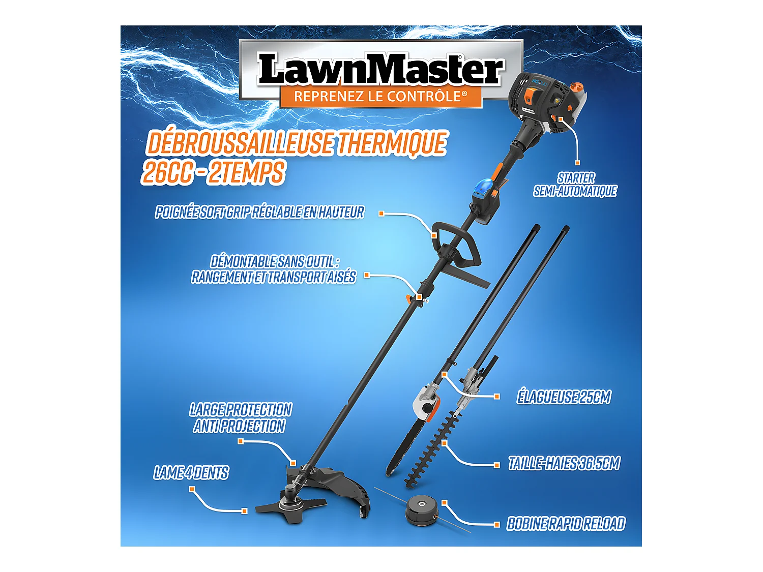 Débroussailleuse thermique 26cc 4 en 1 avec démarrage électrique - Lawnmaster