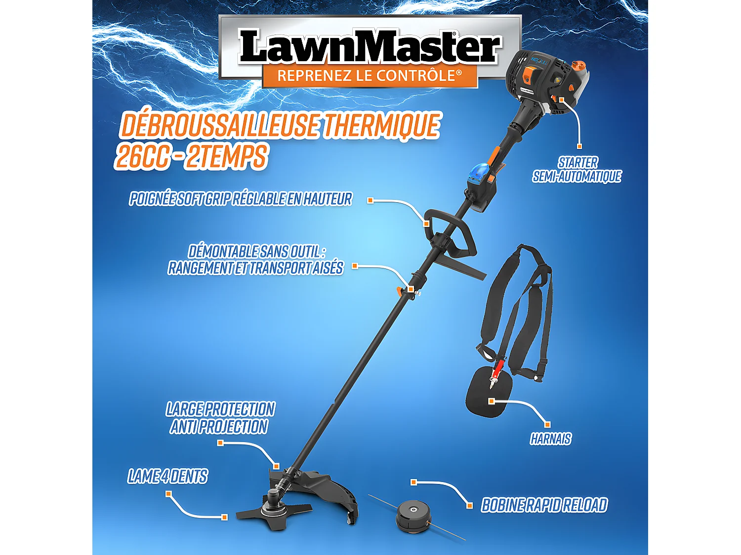 Débroussailleuse thermique 26cc avec démarrage électrique - Lawnmaster