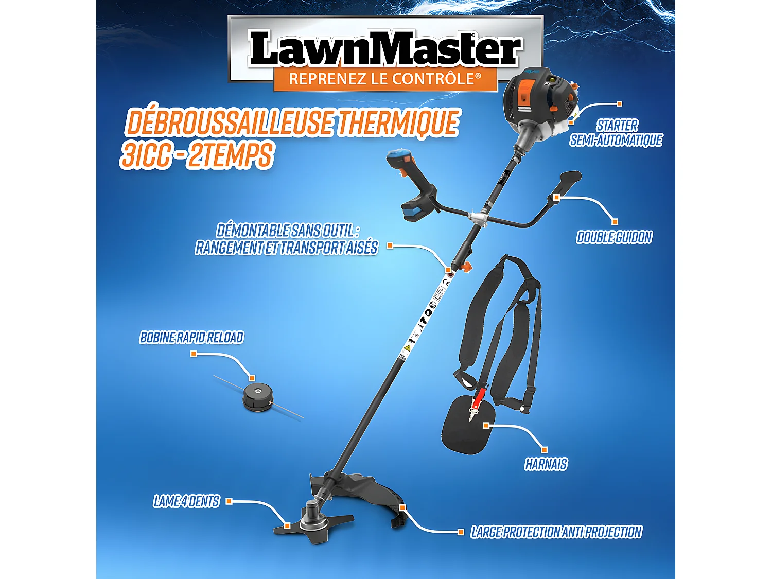 Débroussailleuse thermique 31cc avec démarrage électrique - Lawnmaster