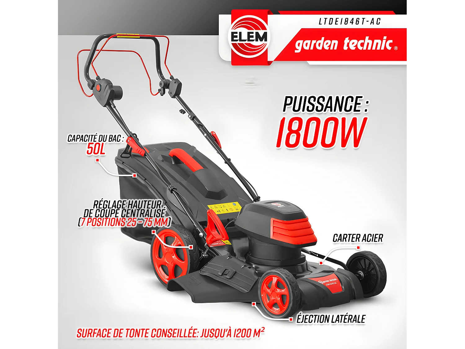 Tondeuse à gazon électrique tractée 1800W - 46CM avec carter en acier - Elem Garden