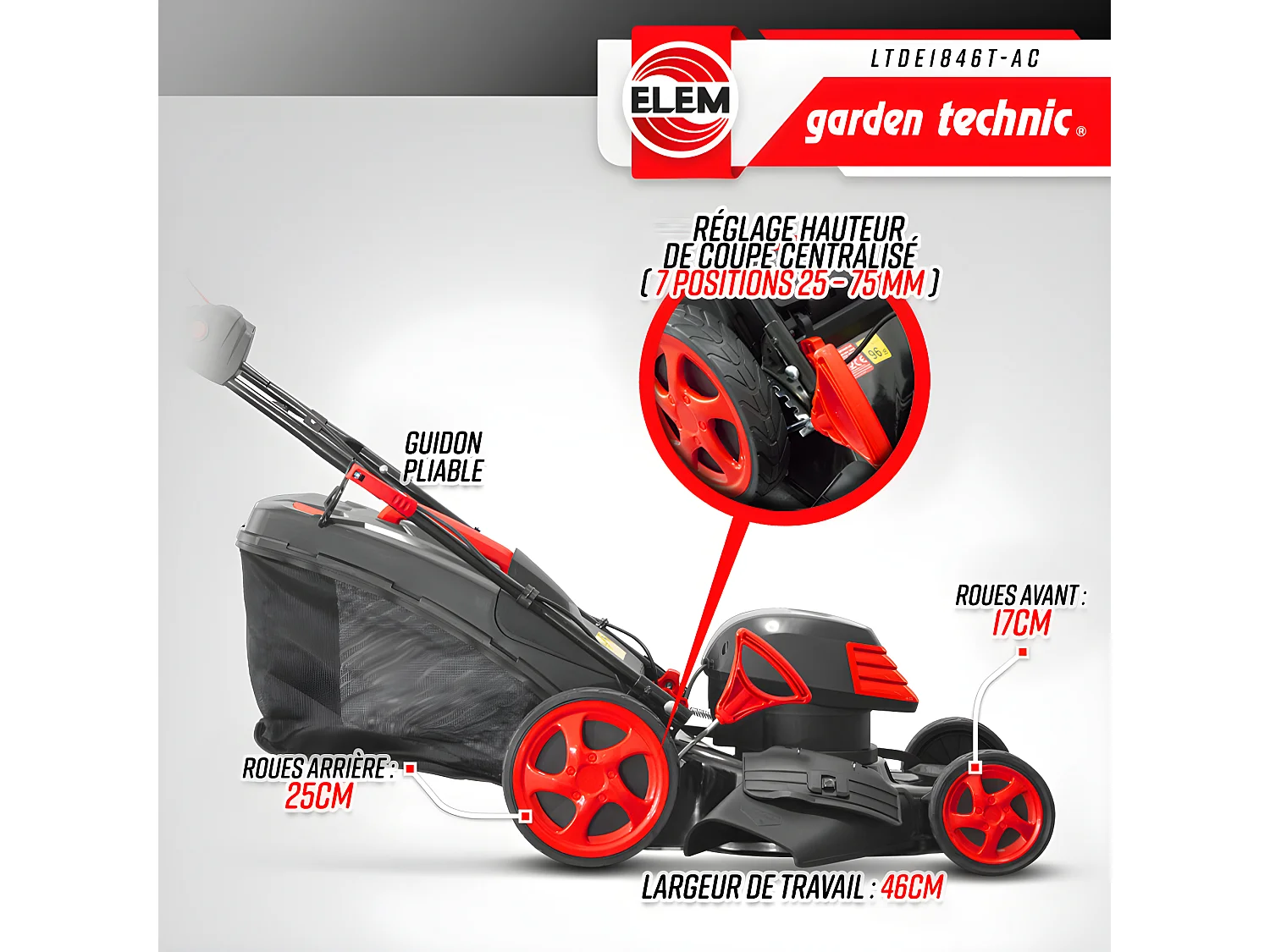 Tondeuse à gazon électrique tractée 1800W - 46CM avec carter en acier - Elem Garden