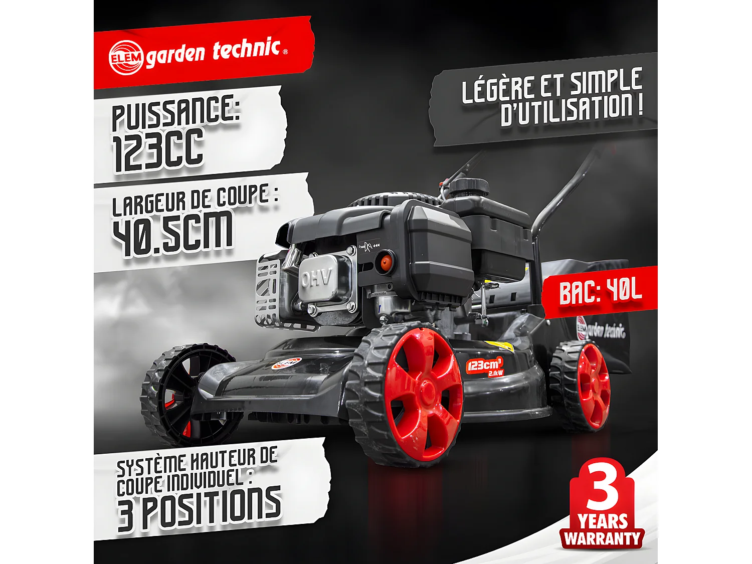 Tondeuse thermique poussée 123CC Elem Garden