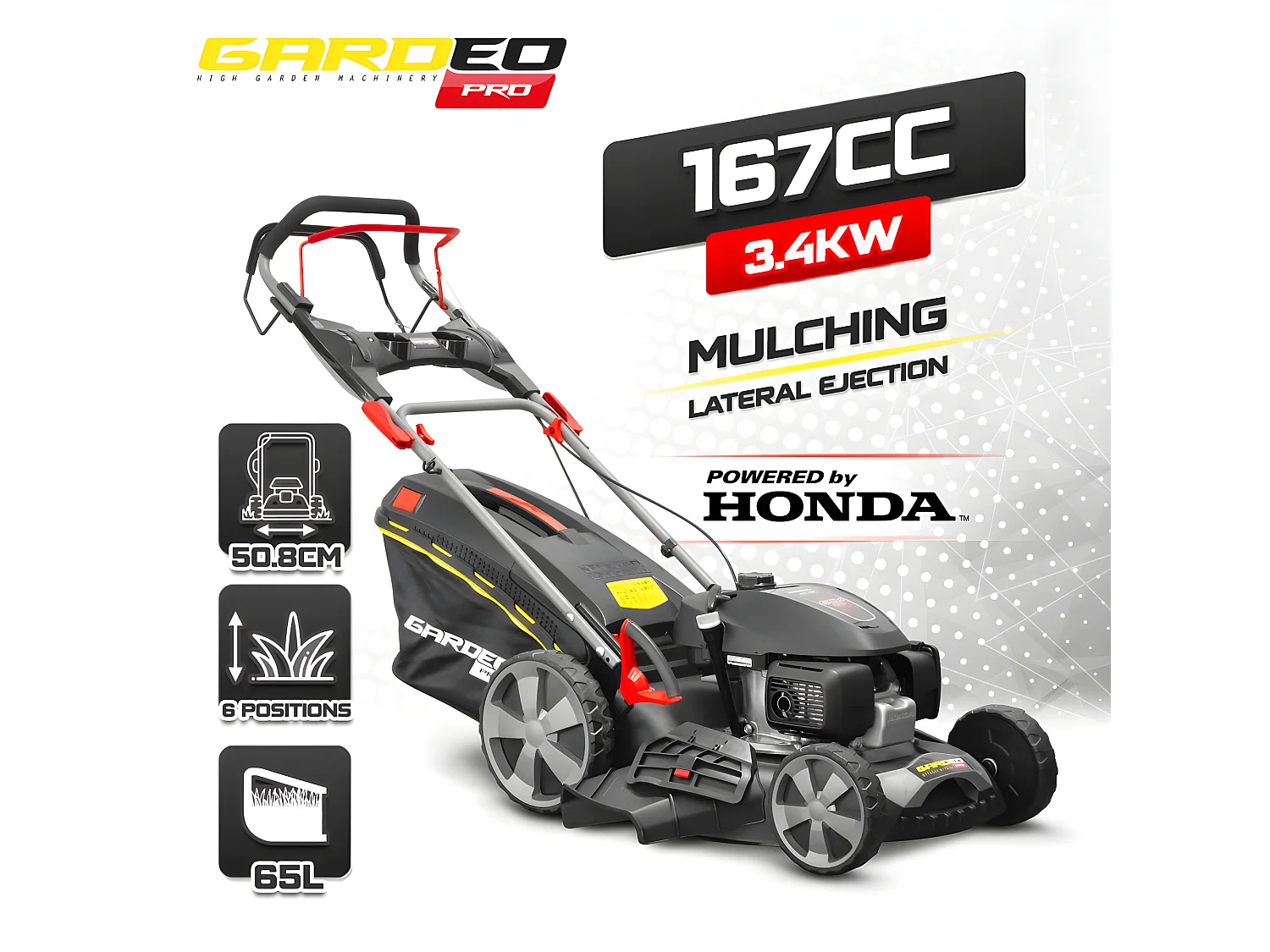Tondeuse thermique tractée 167CC avec moteur Honda, mulching et éjection latérale - Gardeo Pro