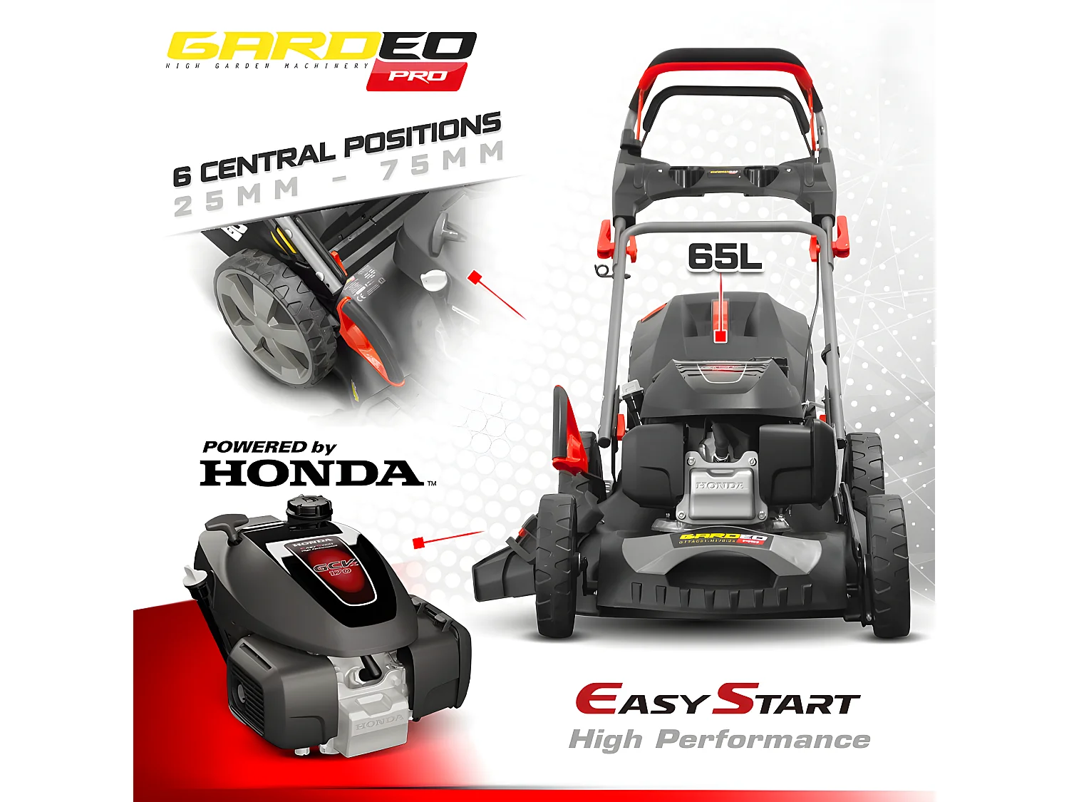 Tondeuse thermique tractée 167CC avec moteur Honda, mulching et éjection latérale - Gardeo Pro