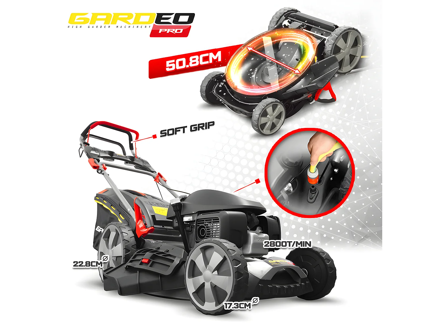 Tondeuse thermique tractée 167CC avec moteur Honda, mulching et éjection latérale - Gardeo Pro