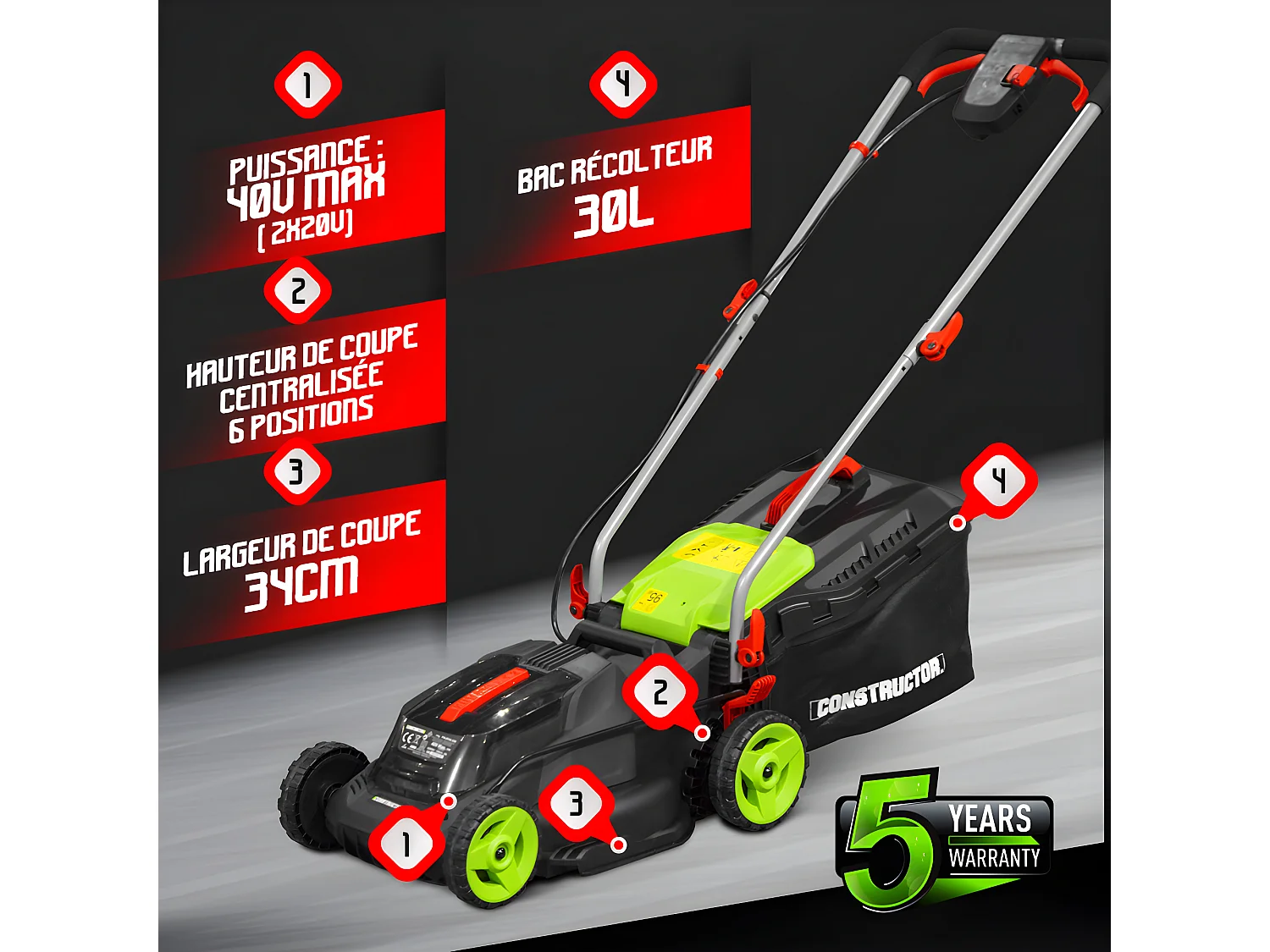 Tondeuse à gazon 40V (2x20V) 34 cm - Sans batterie - Constructor