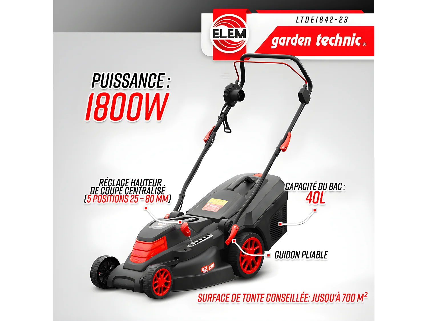 Tondeuse à gazon électrique 1800W - 42CM - Elem Garden