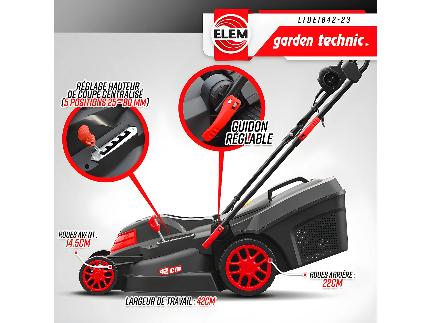 Tondeuse à gazon électrique 1800W - 42CM - Elem Garden