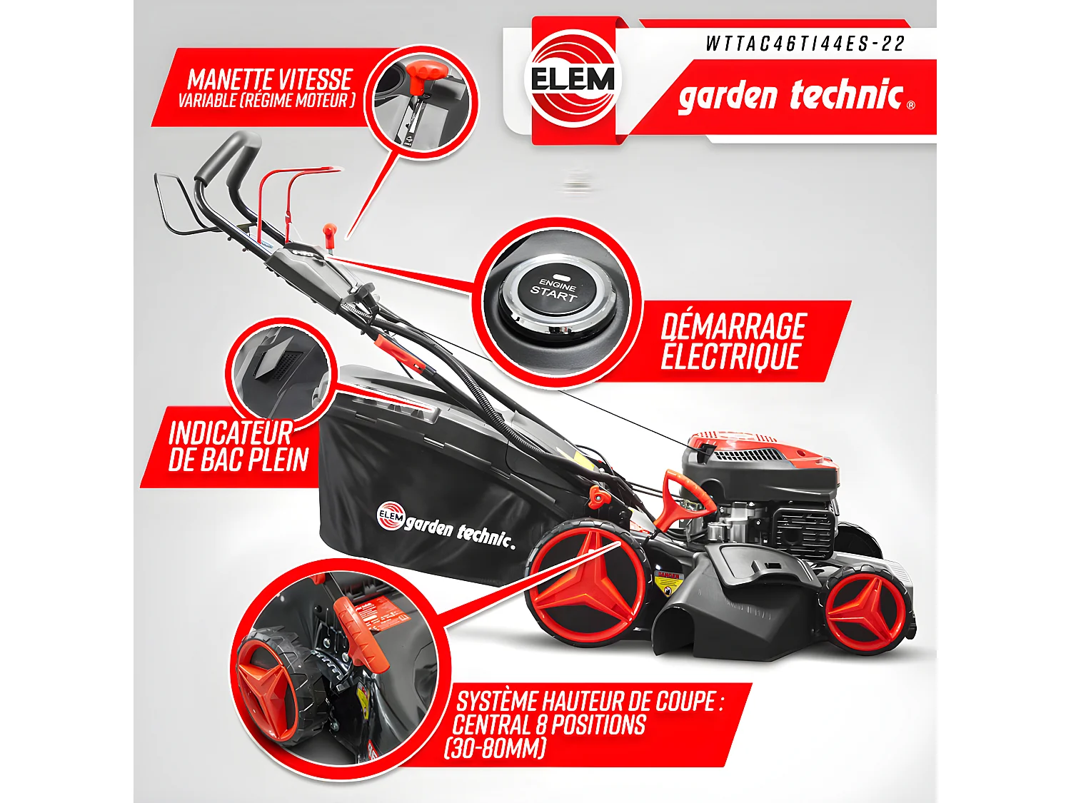 Tondeuse thermique autotractée 144.3cc - 46cm avec démarrage électrique -mulching - éjection latérale - Elem Garden