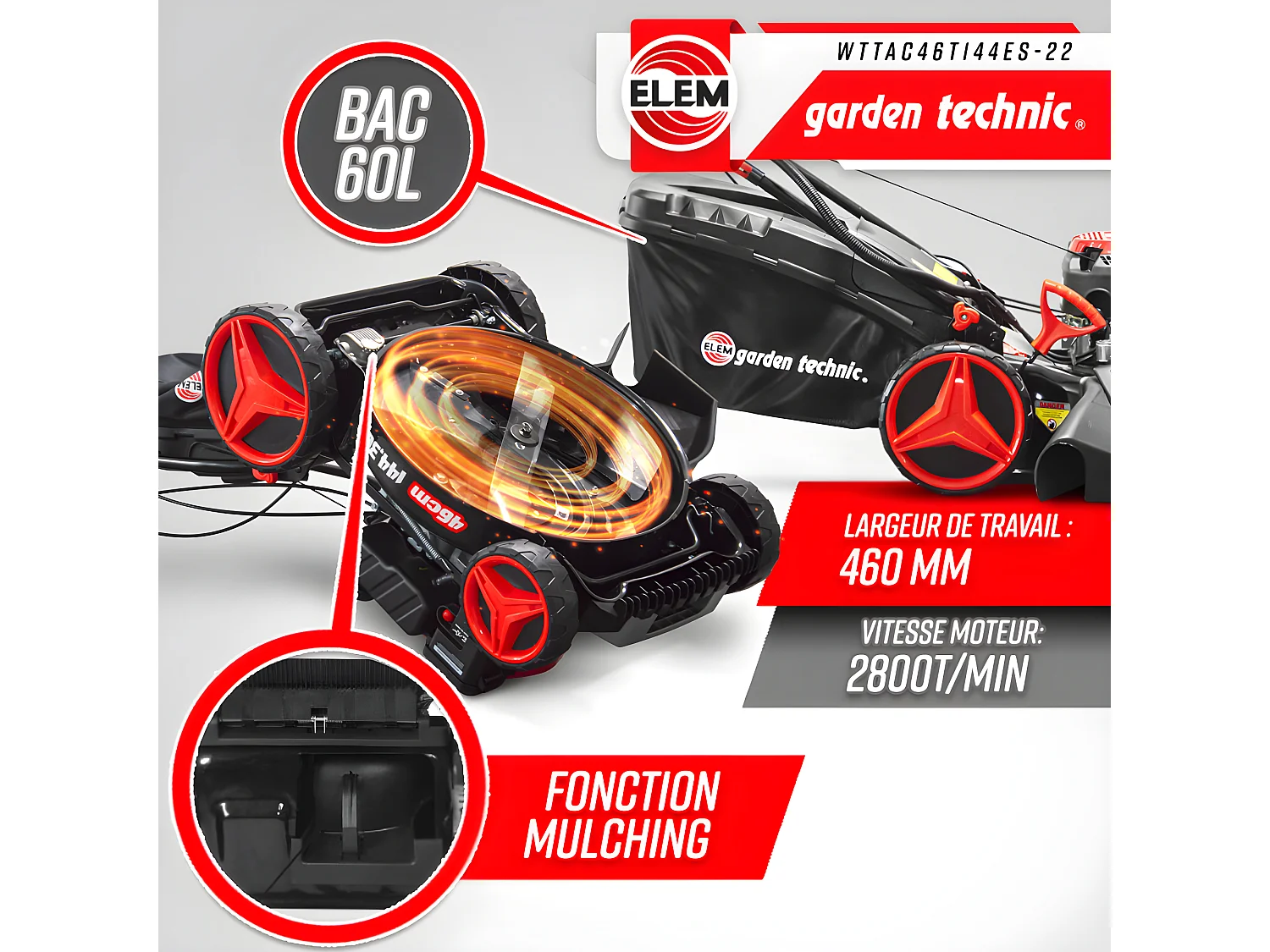 Tondeuse thermique autotractée 144.3cc - 46cm avec démarrage électrique -mulching - éjection latérale - Elem Garden
