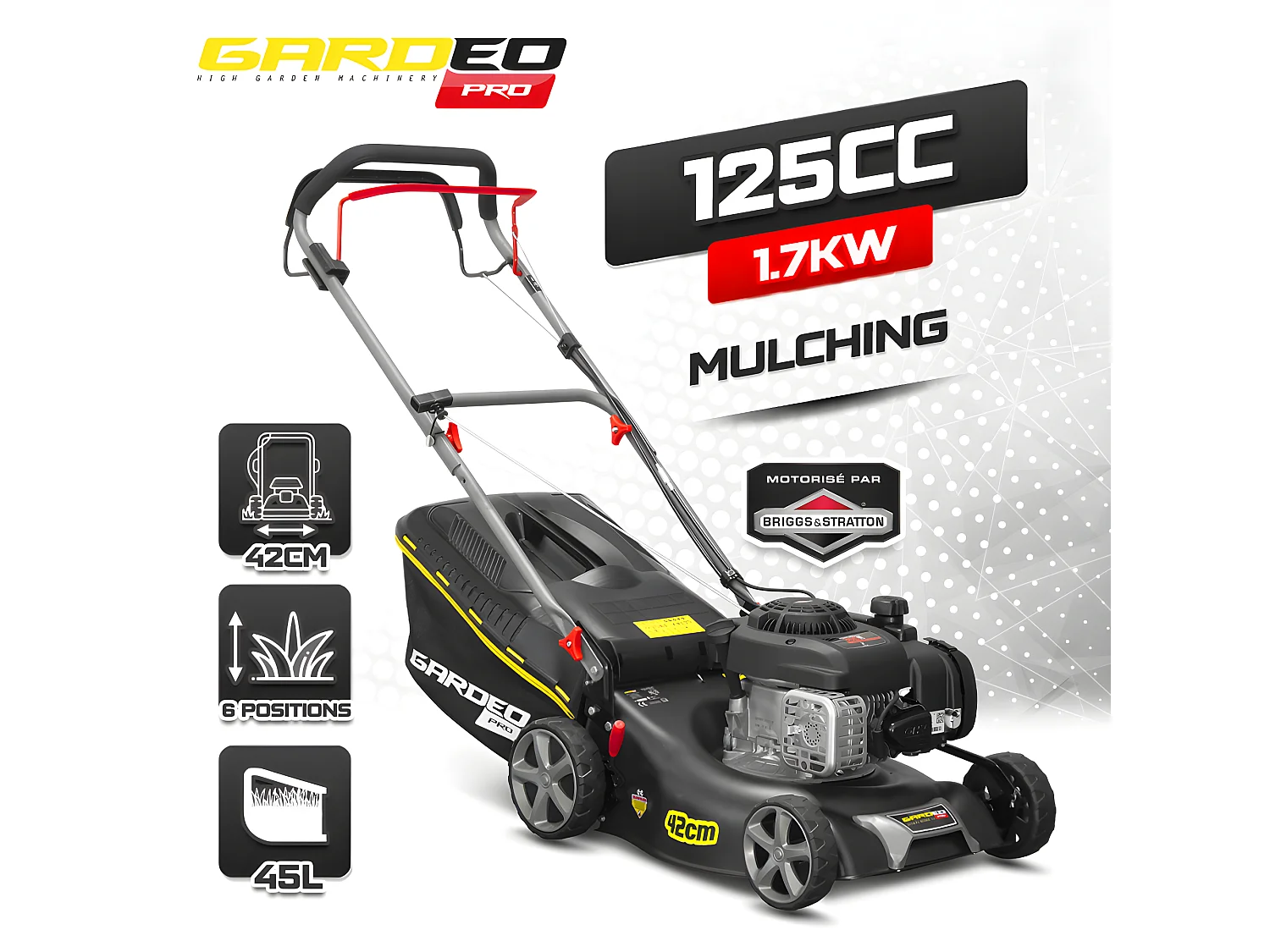 Tondeuse thermique autotractée avec moteur Briggs and Stratton125cc - 42cm livrée avec 2 lames + mulching - Gardeo Pro