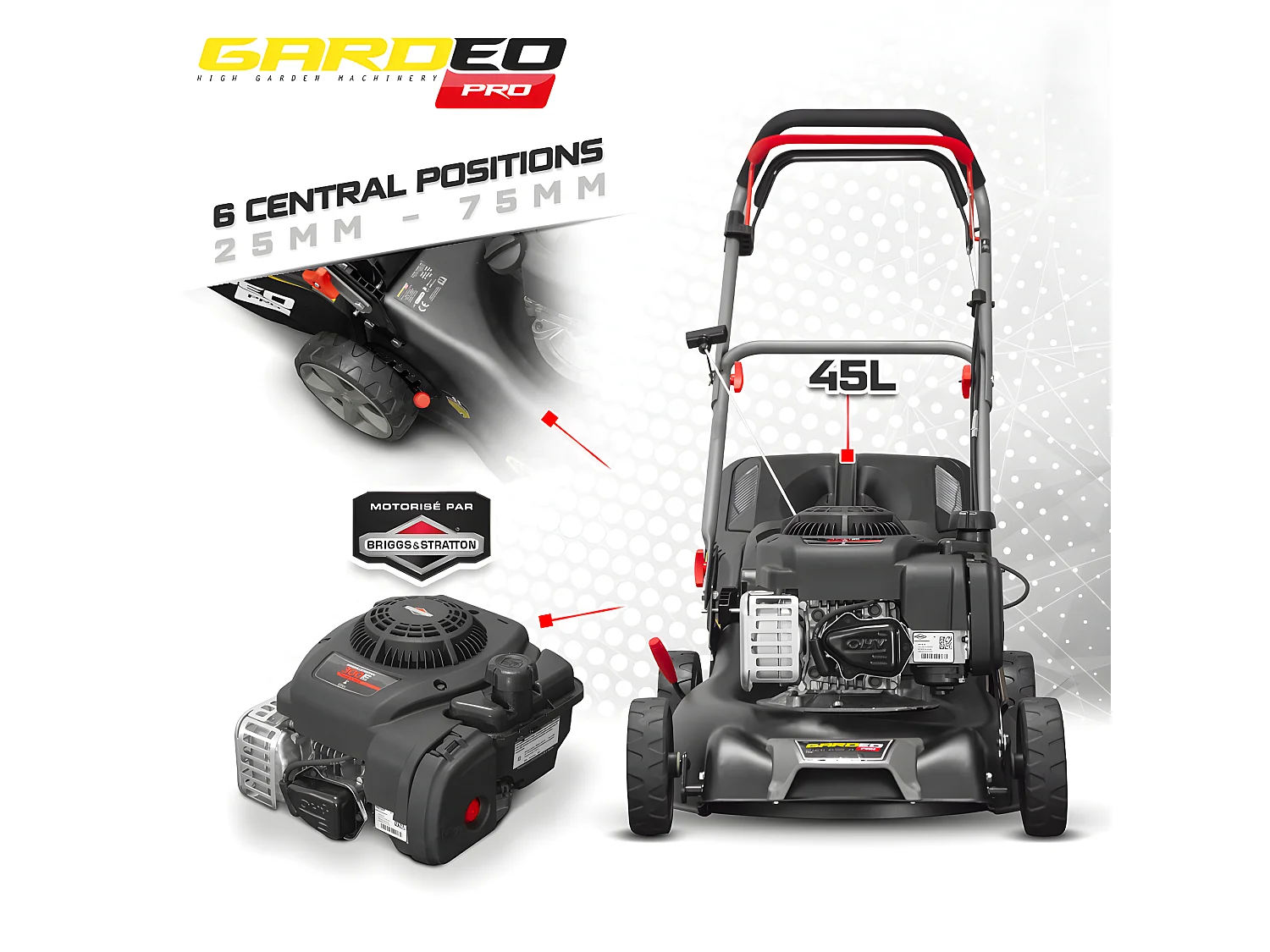 Tondeuse thermique autotractée avec moteur Briggs and Stratton125cc - 42cm livrée avec 2 lames + mulching - Gardeo Pro