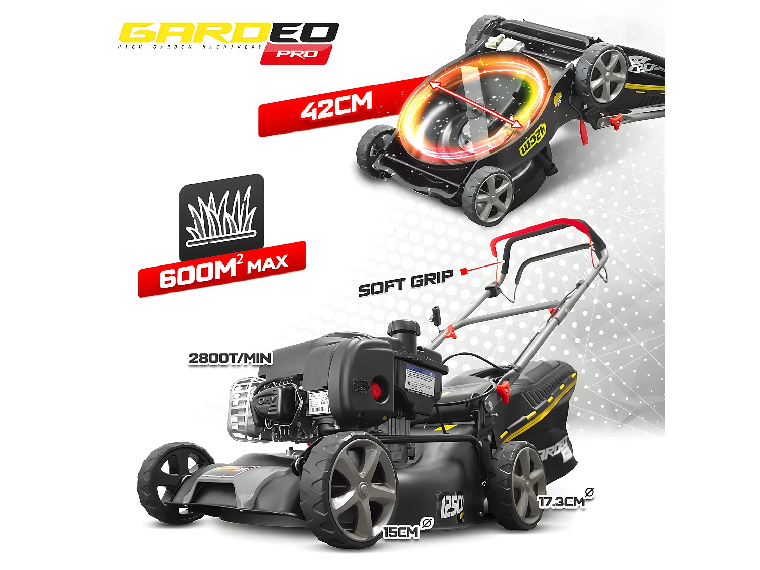 Tondeuse thermique autotractée avec moteur Briggs and Stratton125cc - 42cm livrée avec 2 lames + mulching - Gardeo Pro