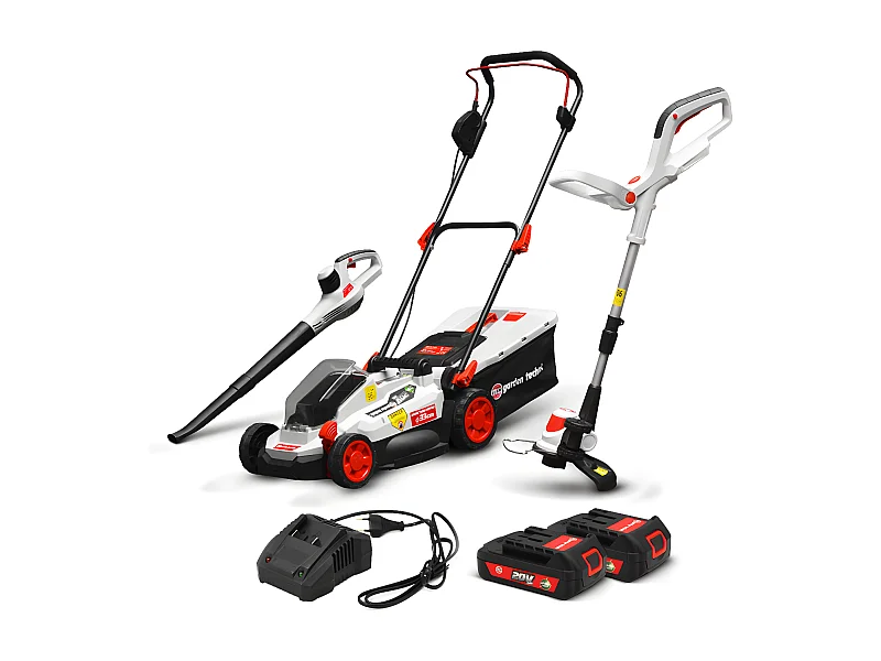 3-in-1 Kit Maaier, Trimmer en Bladblazer 20V - Met 2 Accu's en Snellader - Elem Garden Technic